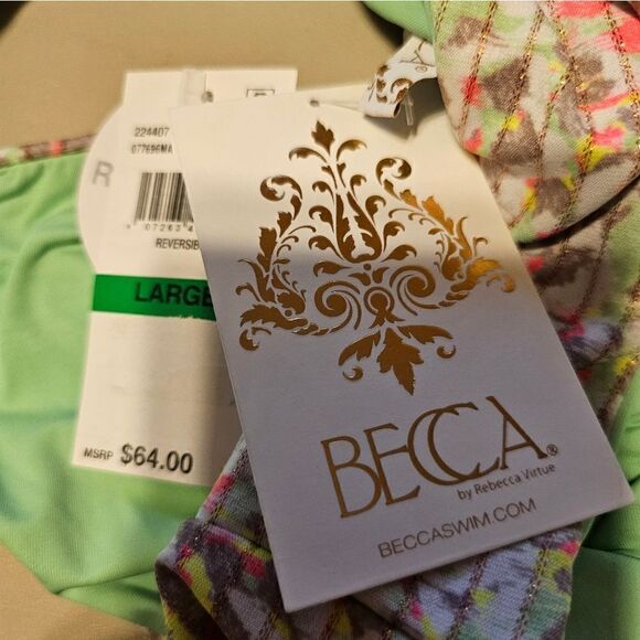 Becca Reversible bikini Bottoms multicolored/lime green large NWT - Picture 4 of 7